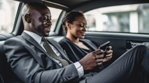 Business partners discussing ideas in the backseat of a limousine, Generative AI